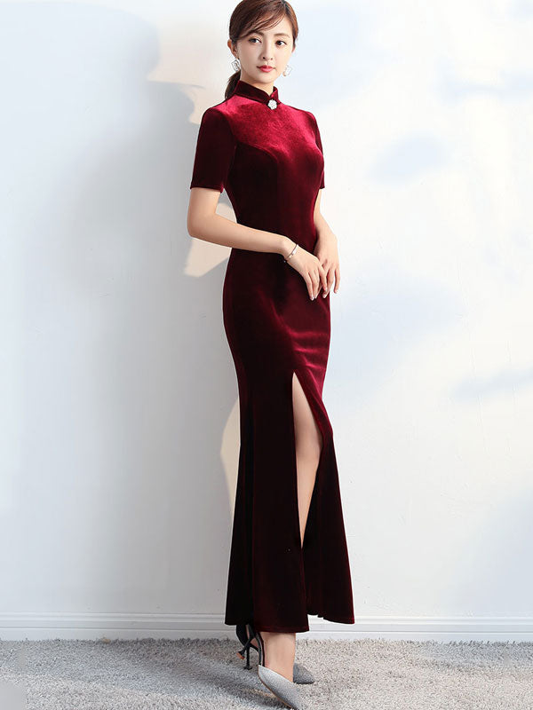 Burgundy Split Fishtail Qipao / Cheongsam Party Dress