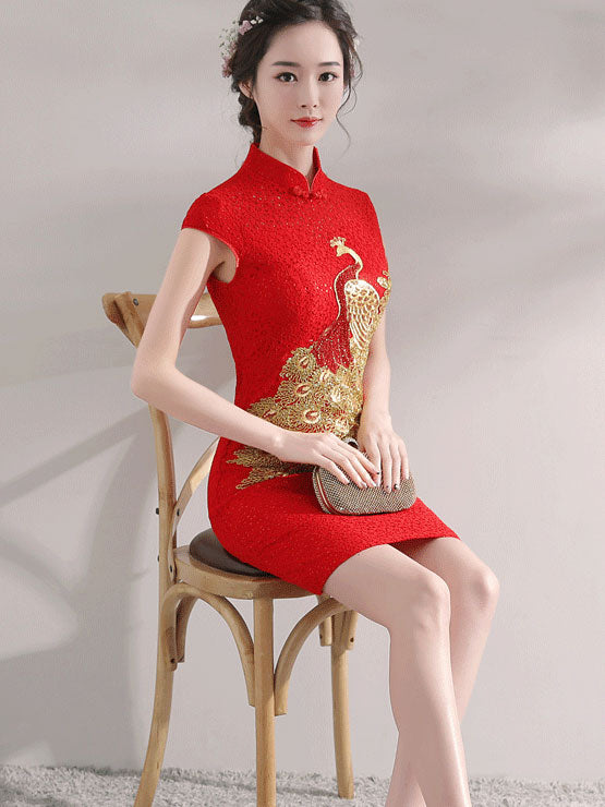 Red Lace Phoenix Short Qipao / Cheongsam Wedding Dress