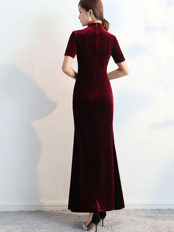 Burgundy Split Fishtail Qipao / Cheongsam Party Dress