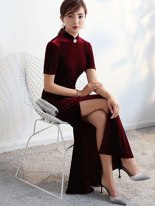 Burgundy Split Fishtail Qipao / Cheongsam Party Dress
