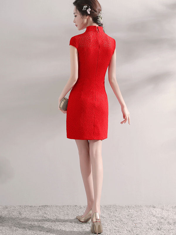 Red Lace Phoenix Short Qipao / Cheongsam Wedding Dress