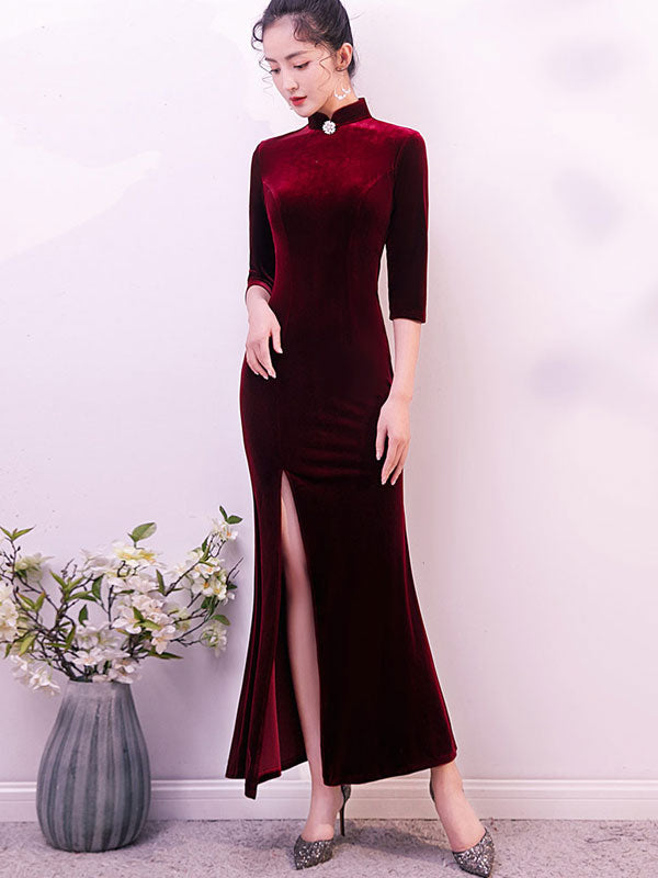 Burgundy Split Fishtail Qipao / Cheongsam Party Dress
