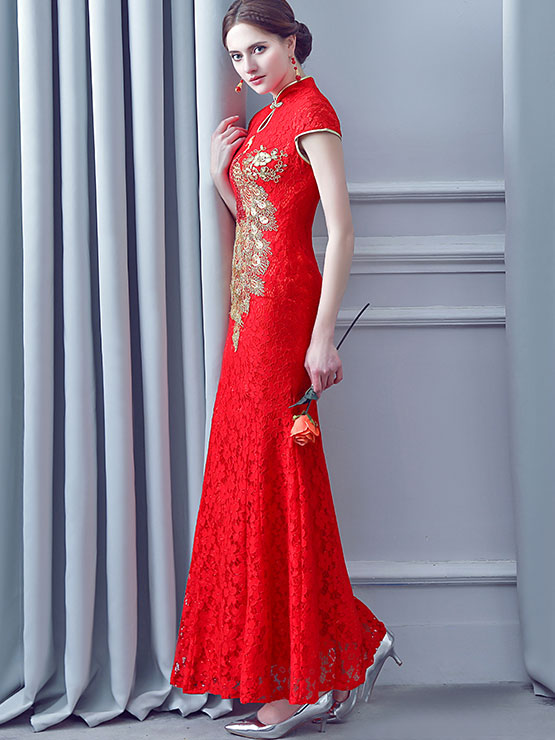 Red Lace Phoenix Fishtail Long Qipao / Cheongsam Wedding Dress