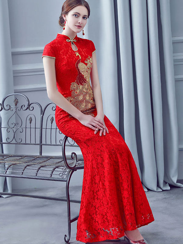 Red Lace Phoenix Fishtail Long Qipao / Cheongsam Wedding Dress