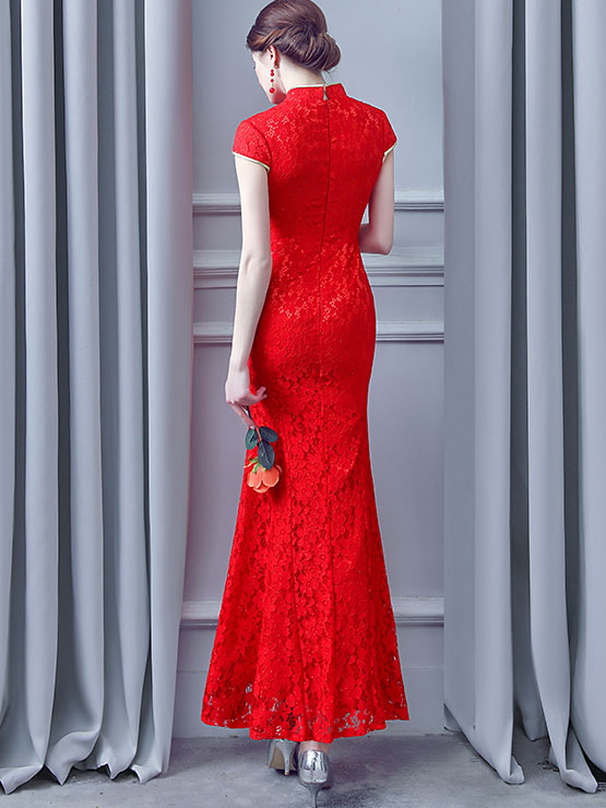 Red Lace Phoenix Fishtail Long Qipao / Cheongsam Wedding Dress