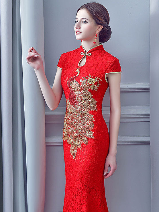 Red Lace Phoenix Fishtail Long Qipao / Cheongsam Wedding Dress