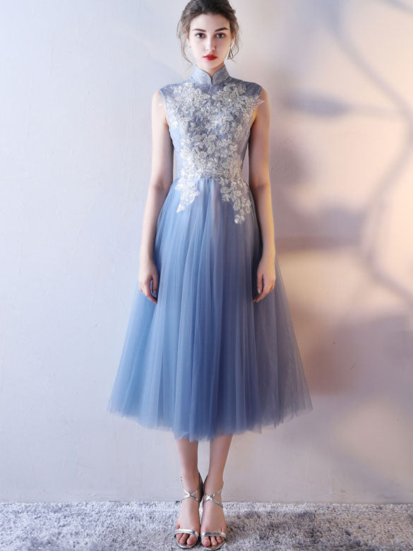 Blue Bridesmaid Tulle Qipao / Cheongsam Dress with Cutout Back
