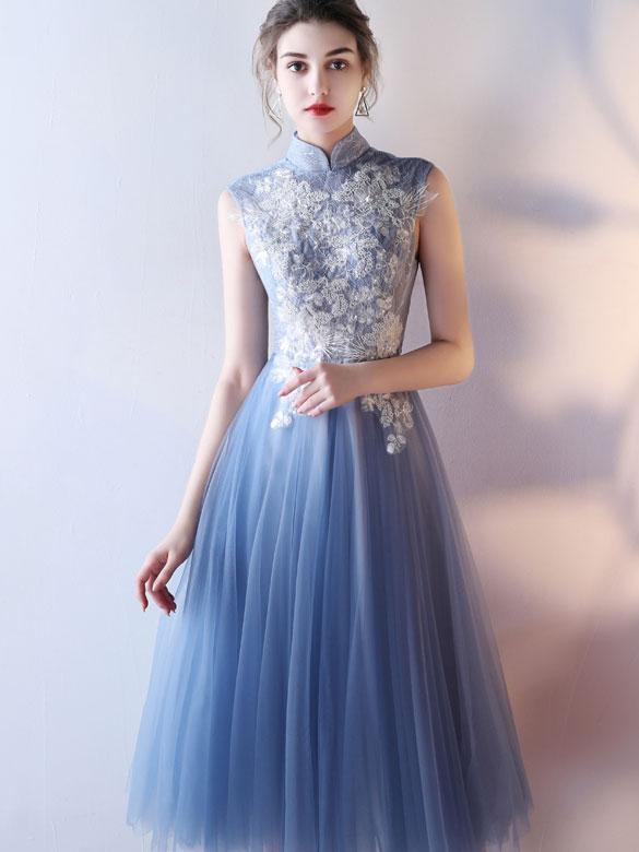 Blue Bridesmaid Tulle Qipao / Cheongsam Dress with Cutout Back