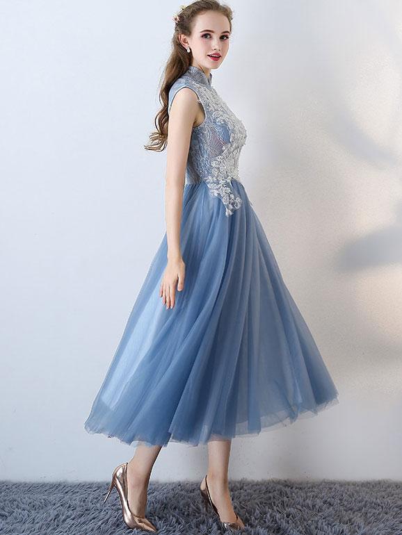 Blue Bridesmaid Tulle Qipao / Cheongsam Dress with Cutout Back