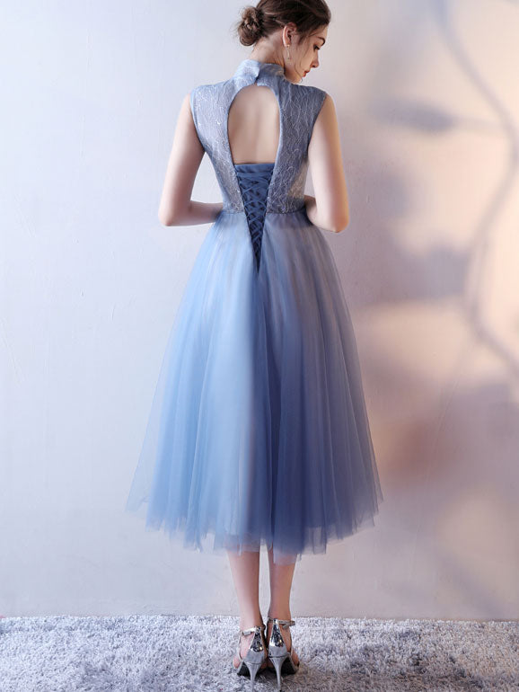 Blue Bridesmaid Tulle Qipao / Cheongsam Dress with Cutout Back