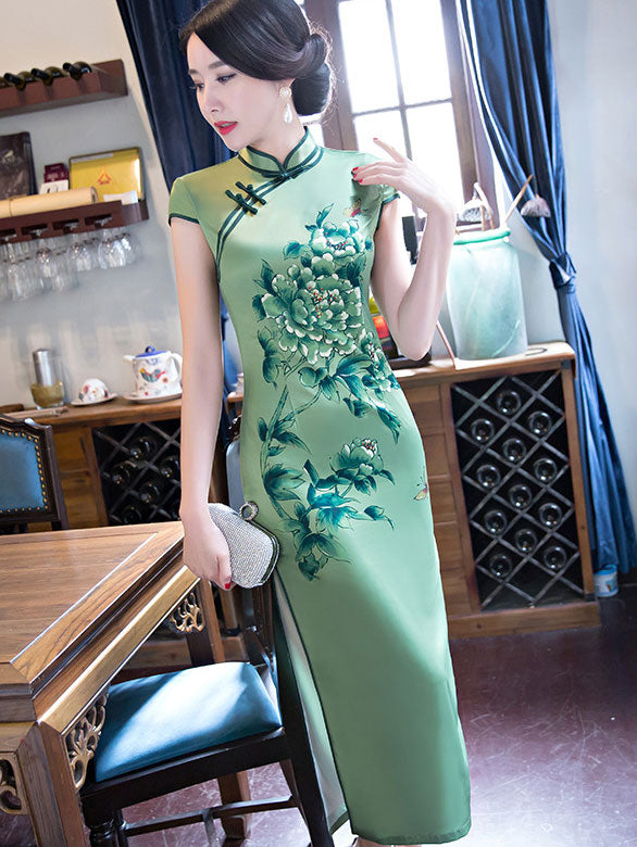 Sage Green Floral Long Qipao / Cheongsam Party Dress