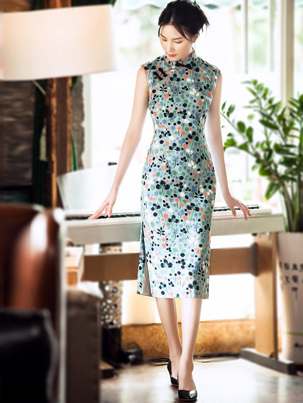 Chic Blue Floral Midi Qipao / Cheongsam Dress
