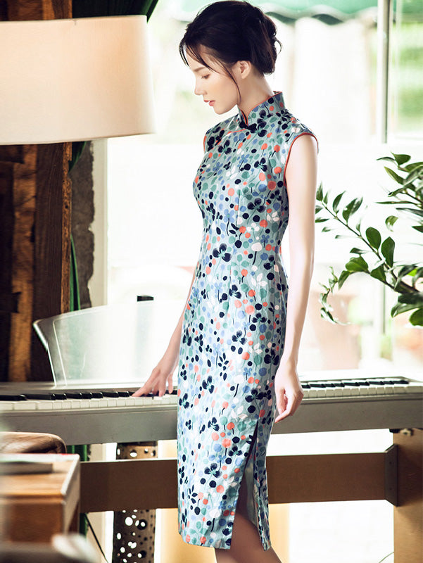Chic Blue Floral Midi Qipao / Cheongsam Dress