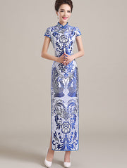 Long Qipao / Cheongsam Party Dress in Blue and White Pattern