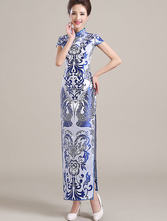 Long Qipao / Cheongsam Party Dress in Blue and White Pattern