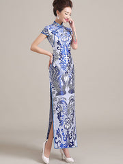 Long Qipao / Cheongsam Party Dress in Blue and White Pattern