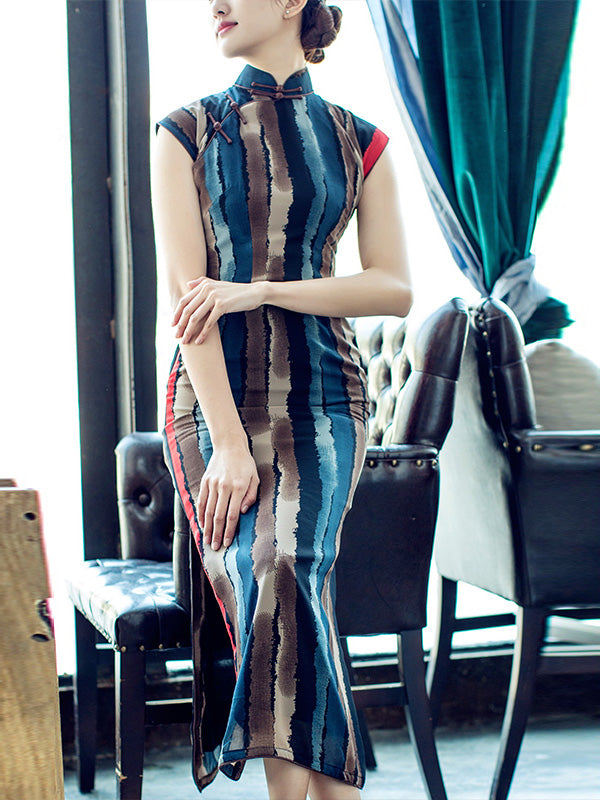 Colorblocked Chiffon Long Qipao / Cheongsam Dress