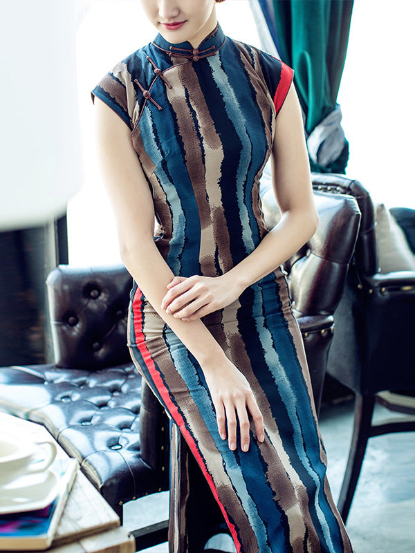 Colorblocked Chiffon Long Qipao / Cheongsam Dress