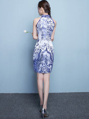 Blue & White Floral Halter Short Qipao / Cheongsam Dress
