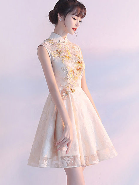 Beige Lace A-Line Bridesmaids Qipao / Cheongsam Dress