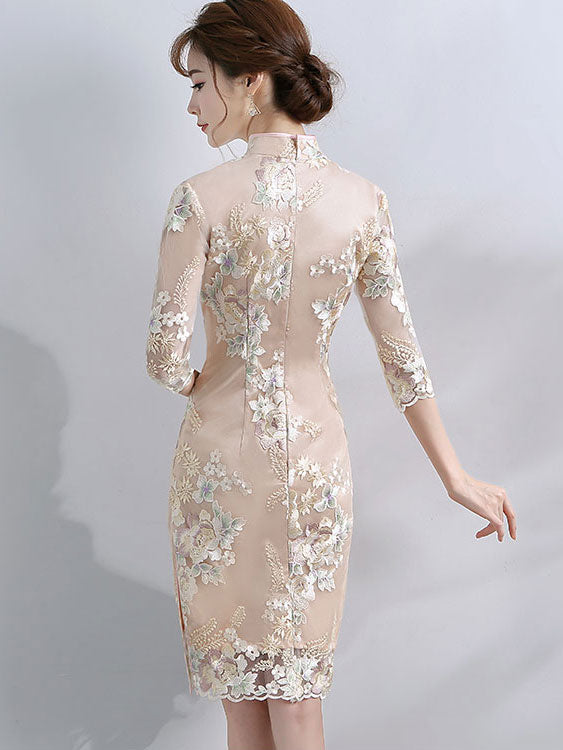 Champagne Embroidered Midi Qipao / Cheongsam Party Dress