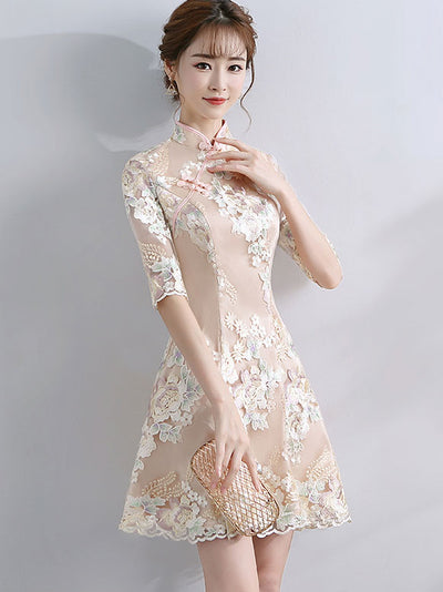 Embroidered A-line Qipao / Cheongsam Dress with Half Sleeve