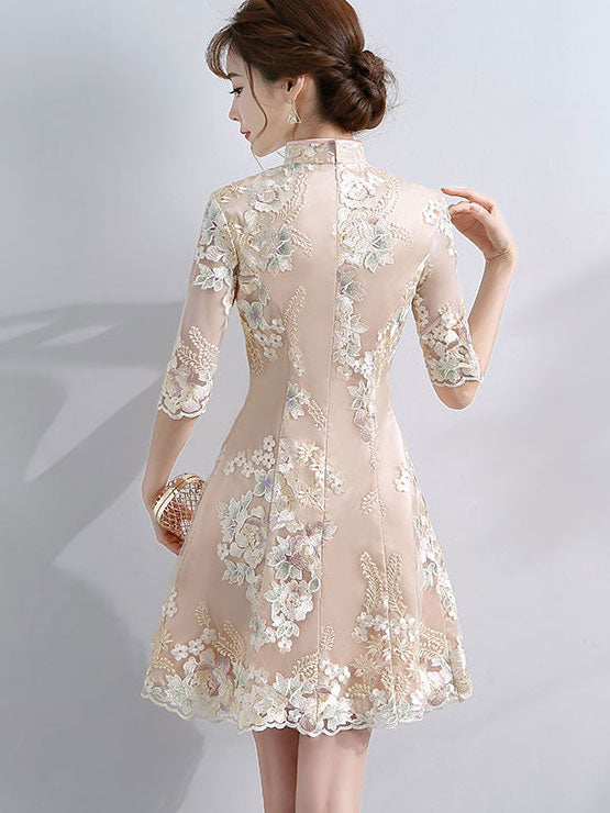 Embroidered A-line Qipao / Cheongsam Dress with Half Sleeve