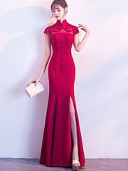 Red Slinky Thigh Long Qipao / Cheongsam Gown with Lace Top