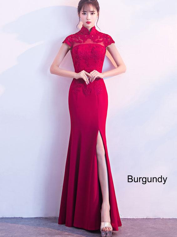 Red Slinky Thigh Long Qipao / Cheongsam Gown with Lace Top