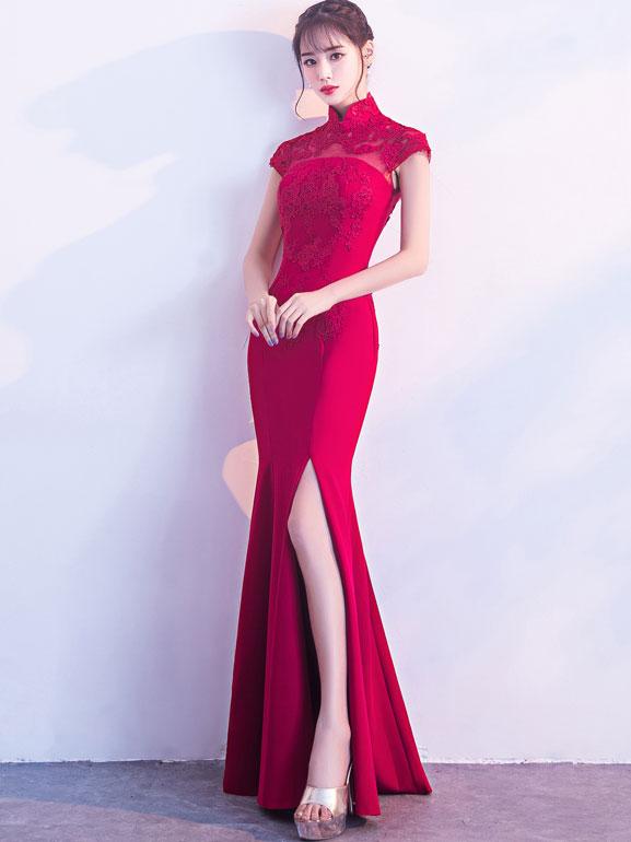 Red Slinky Thigh Long Qipao / Cheongsam Gown with Lace Top