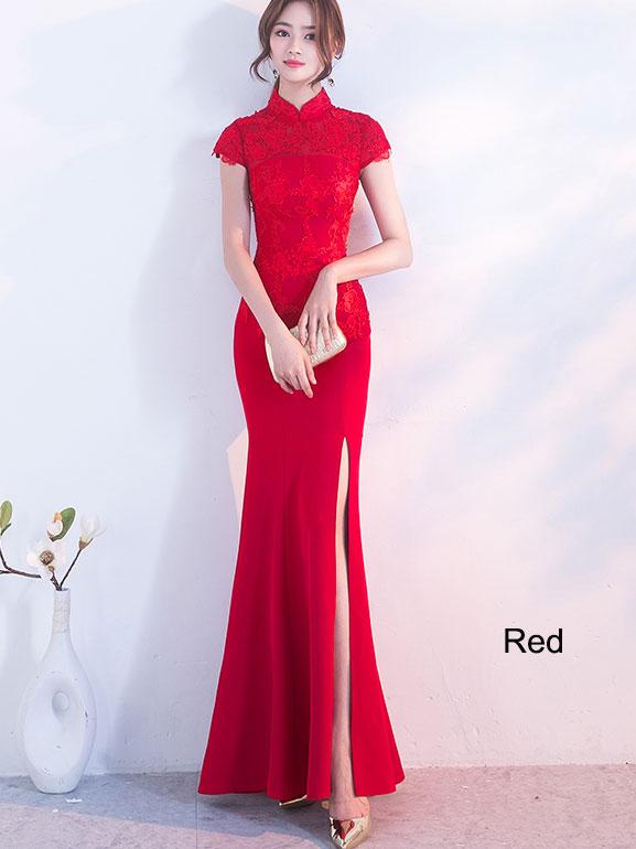 Red Slinky Thigh Long Qipao / Cheongsam Gown with Lace Top