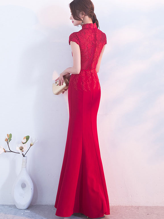 Red Slinky Thigh Long Qipao / Cheongsam Gown with Lace Top