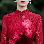 Mother's Velvet Qipao / Cheongsam Party Dress with Lace Insert