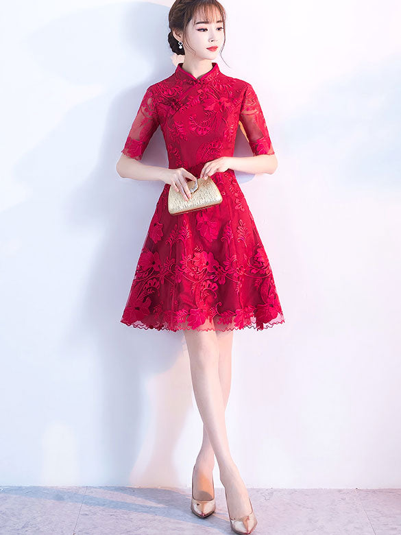 Wine Red Lace A-Line Qipao / Cheongsam Dress