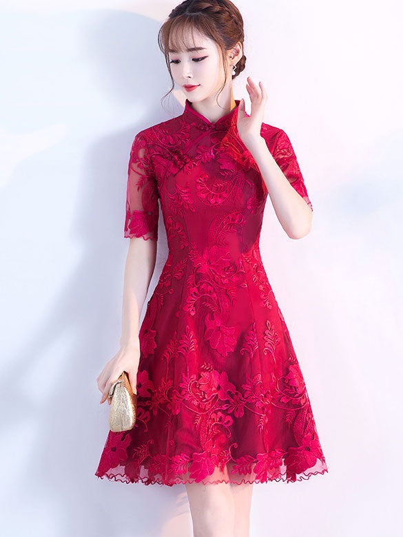 Wine Red Lace A-Line Qipao / Cheongsam Dress
