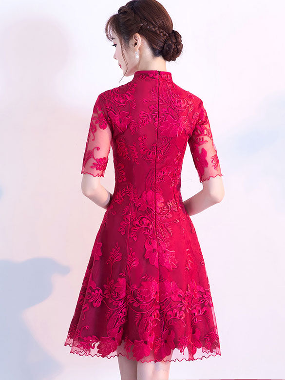 Wine Red Lace A-Line Qipao / Cheongsam Dress