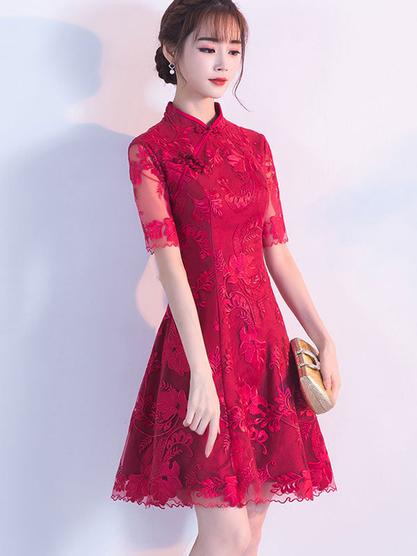 Wine Red Lace A-Line Qipao / Cheongsam Dress