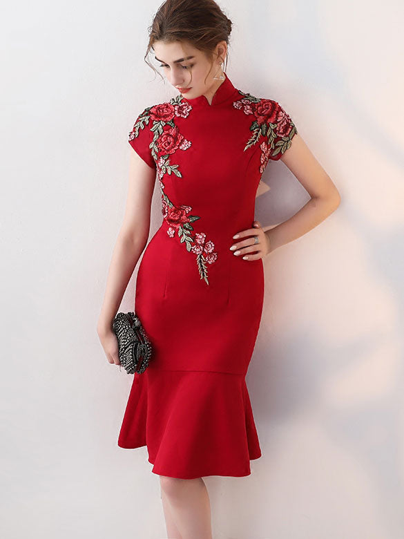 Burgundy Black Embroidered Midi Frill Hem Qipao / Cheongsam Dress