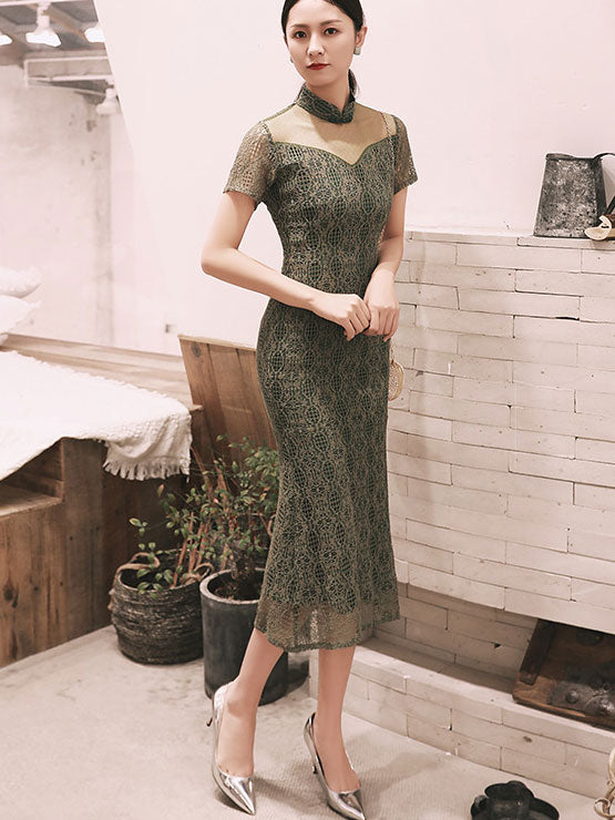 Green Black Fishtail Illusion Lace Cheongsam Qi Pao Dress