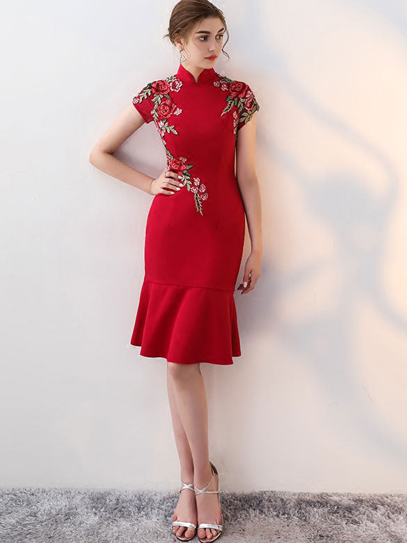 Burgundy Black Embroidered Midi Frill Hem Qipao / Cheongsam Dress