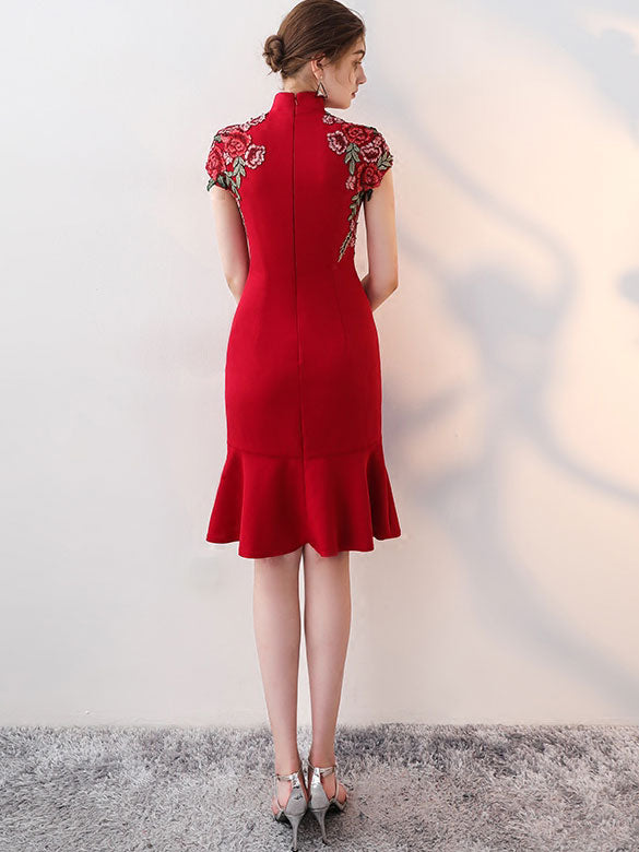 Burgundy Black Embroidered Midi Frill Hem Qipao / Cheongsam Dress