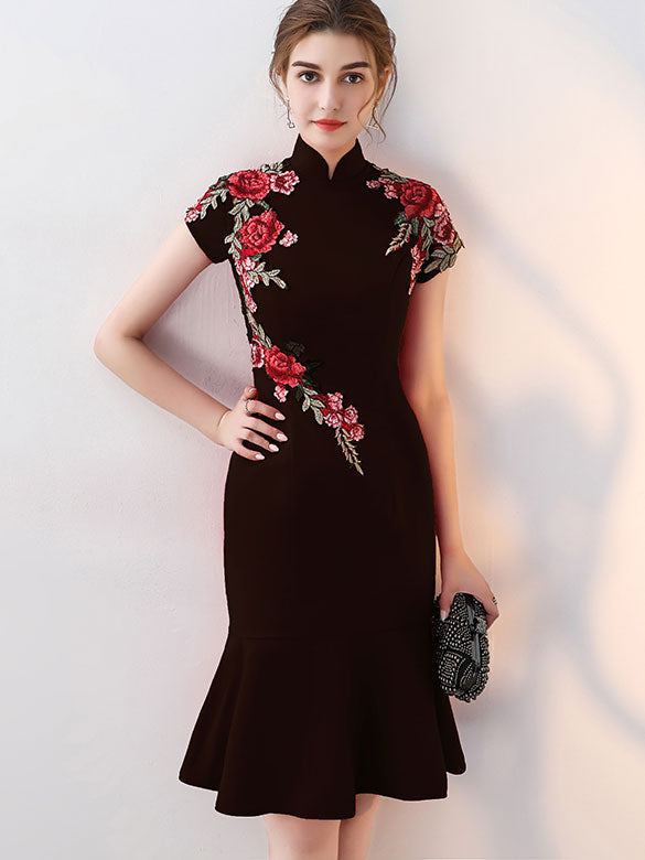 Burgundy Black Embroidered Midi Frill Hem Qipao / Cheongsam Dress