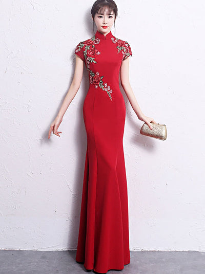 Red Embroidered Fishtail Maxi Qipao / Cheongsam Wedding Dress