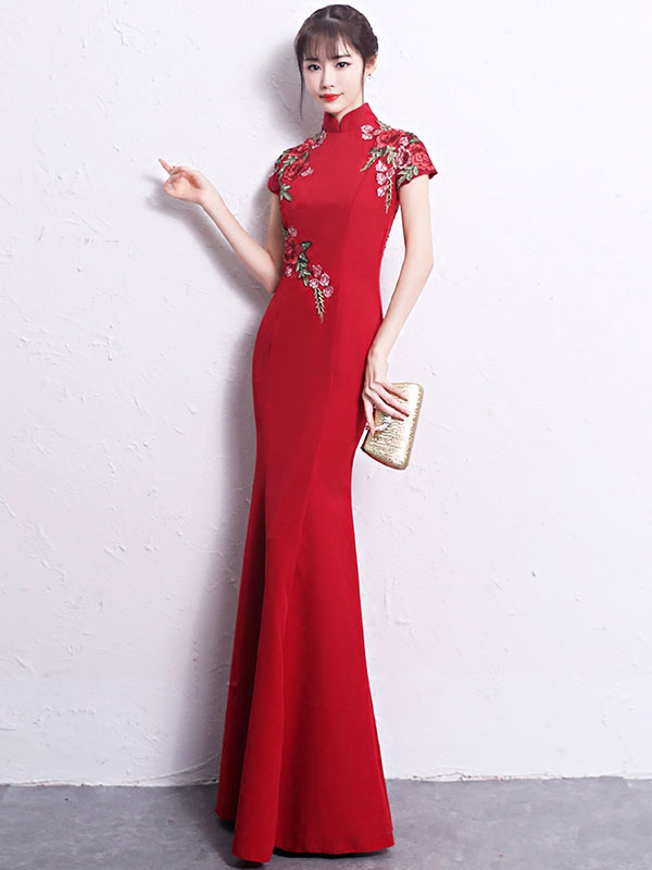 Red Embroidered Fishtail Maxi Qipao / Cheongsam Wedding Dress