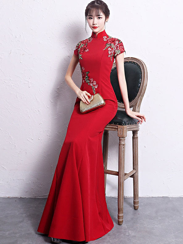 Red Embroidered Fishtail Maxi Qipao / Cheongsam Wedding Dress