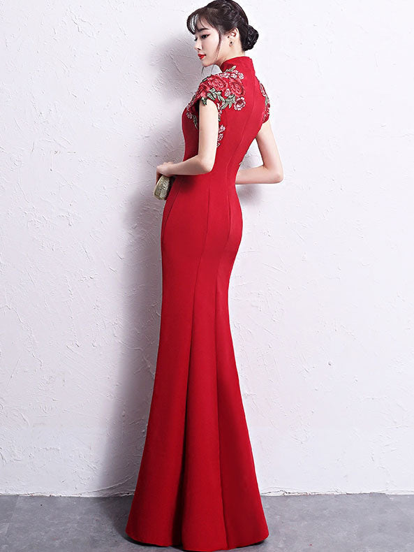 Red Embroidered Fishtail Maxi Qipao / Cheongsam Wedding Dress