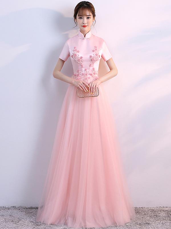 Pink Appliques Bridesmaids Qipao / Cheongsam Tulle Wedding Dress
