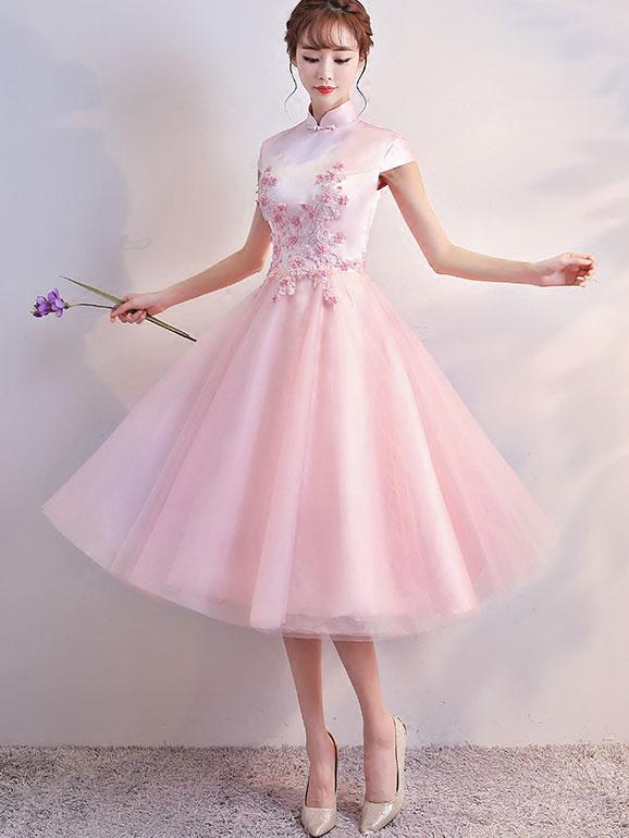Pink Appliques Bridesmaids Qipao / Cheongsam Tulle Wedding Dress