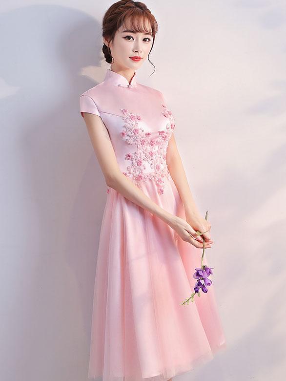 Pink Appliques Bridesmaids Qipao / Cheongsam Tulle Wedding Dress