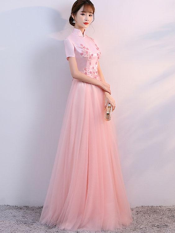 Pink Appliques Bridesmaids Qipao / Cheongsam Tulle Wedding Dress